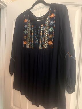 Boho Embroidered Navy Long-Sleeve Women's Top from Cato